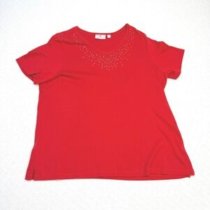 Quacker Factory Red Rhinestone V-Neck Short Sleeve Top XL